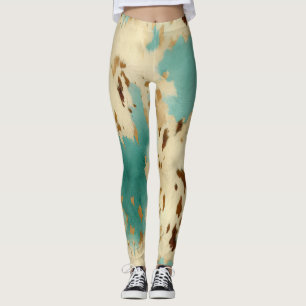 Leggings Cream Gold Turquoise Cowhide Animal