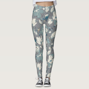 Leggings Crème bleu gris vif Clematis Aquarelle Florale