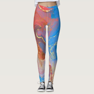 Leggings Crimson, Blush, Blue and Gold Marbled Alcohol Ink