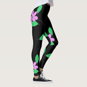 Leggings Croquis de fleurs rose pâle Feuille vert