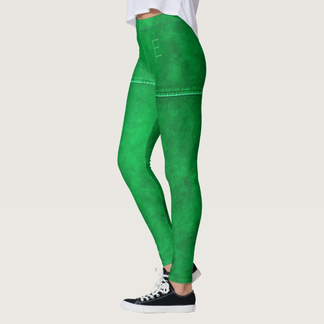 Leggings Cuir Vert Avec Sceau Chic Monogramme Personnalisé (Gauche)
