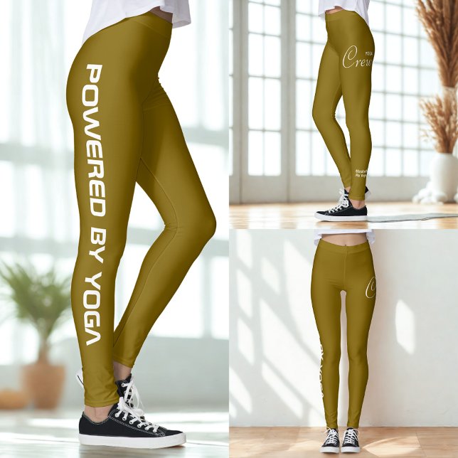 Leggings Custom Print Yoga Crew Yellow Brown (Yellow brown yoga leggings shown in 3 different views.)