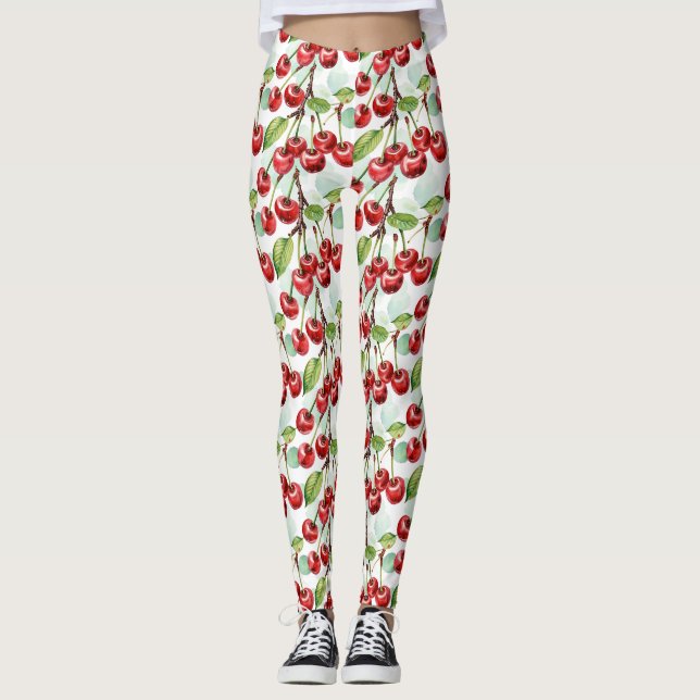 Leggings Cute Aquarelle Cerisier Motif du milieu du siècle (Devant)
