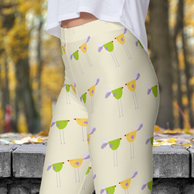 Leggings Cute Blanc Cornsilk Deux Petits Oiseaux Motif (Two Little Birds on Cornsilk)