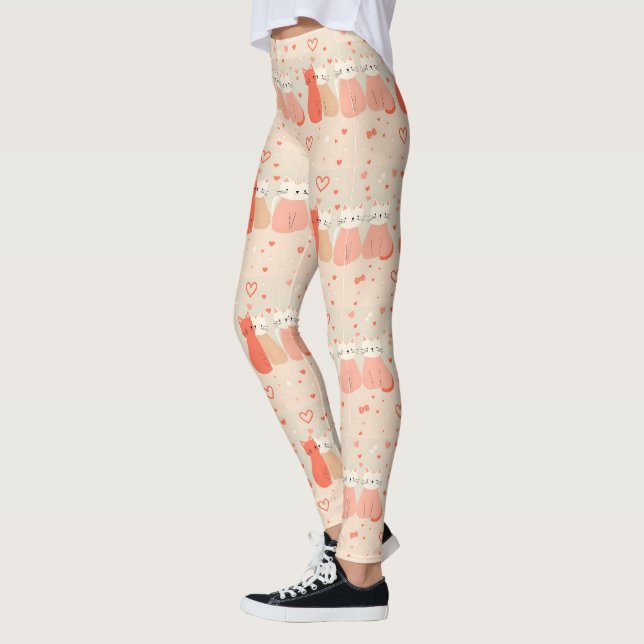 Leggings Cute Cats Love Valentine Hearts Pattern Coral Pink (Gauche)