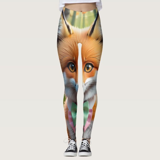 Leggings Cute Fox avec arc vert et rose (Devant)