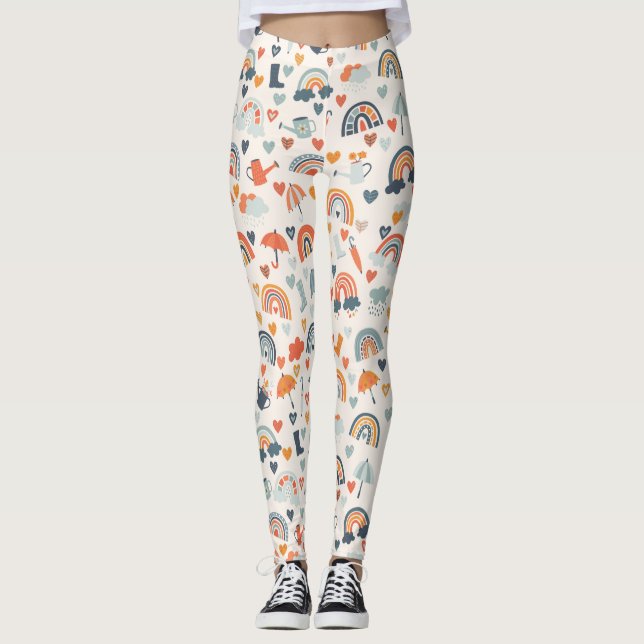 Leggings Cute Orange Blue Spring Rainbow Clouds Motif (Devant)