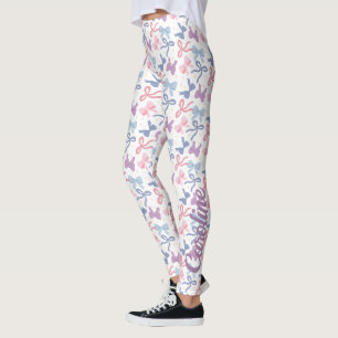 Leggings Cute Pastel Bows Motif, Rose violet bleu
