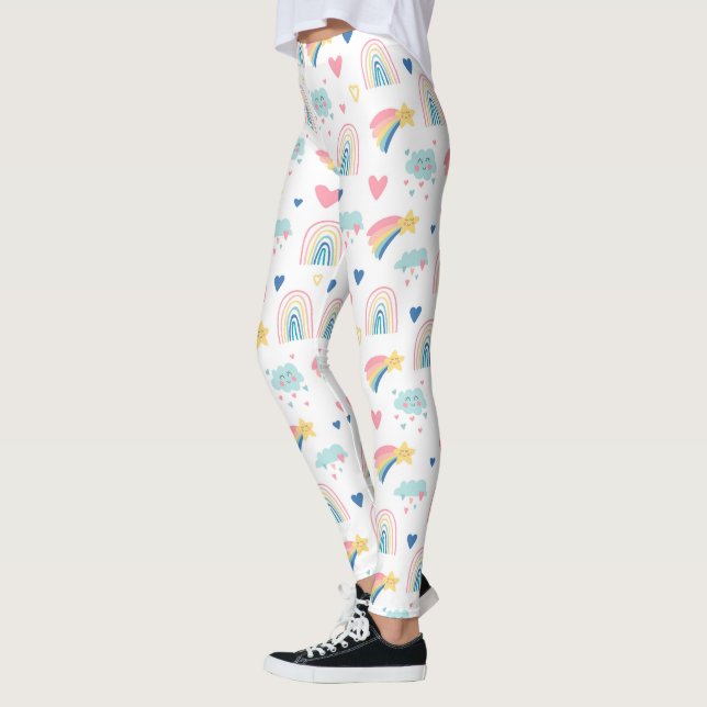 Leggings Cute Rainbow Hearts & Clouds Motif (Gauche)