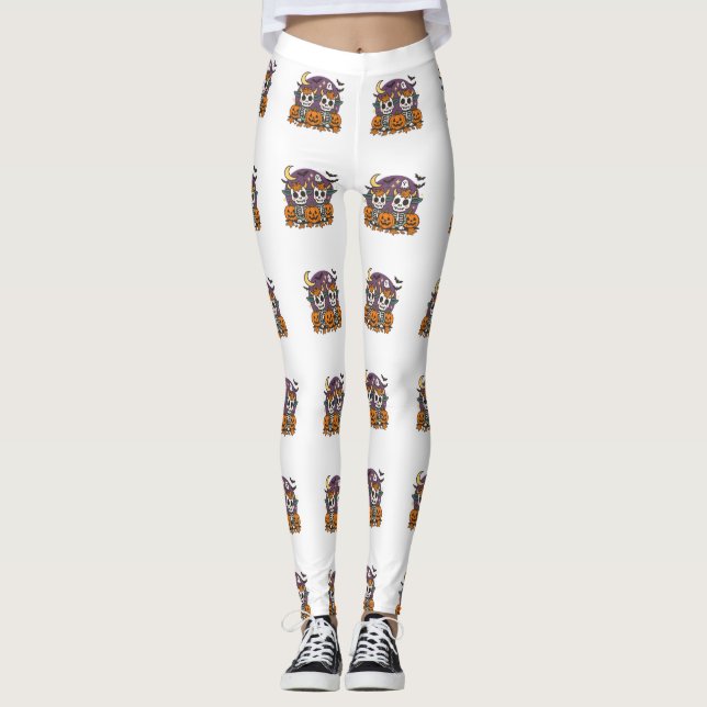 Leggings Cute Spooky Skeleton Cows with Pumpkins  (Devant)