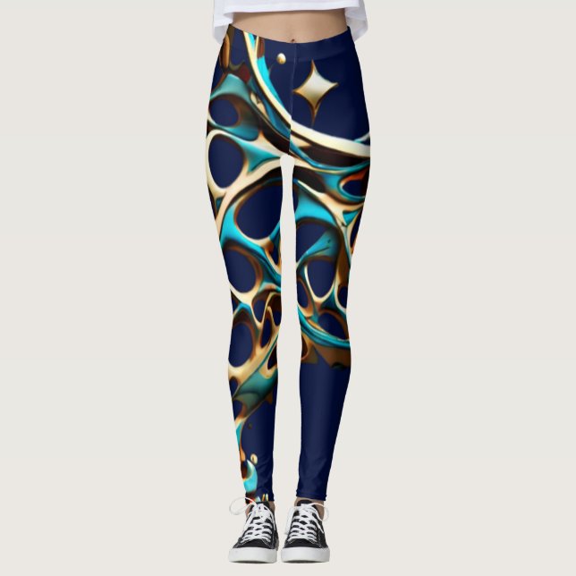 Leggings cyan foncé et arabesques d'or (Devant)