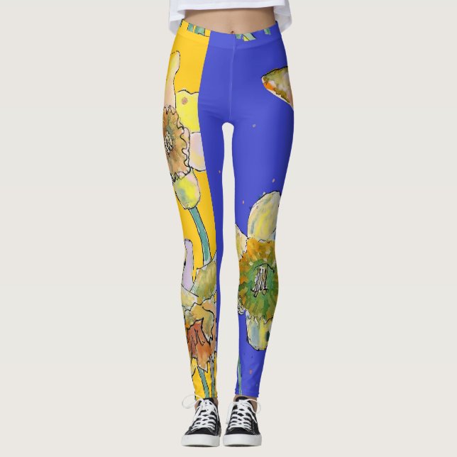 Leggings Daffodil Aquarelle Fleur Bleu Légumineuses Florale (Devant)