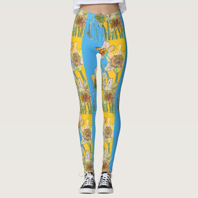 Leggings Daffodil Aquarelle Fleur Bleu Légumineuses Florale (Devant)