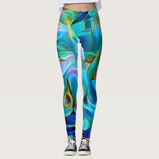 Leggings d'Art Abstrait Floral Bleu (Devant)