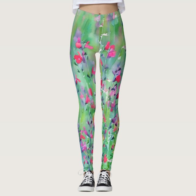 Leggings d'art de pré fleuri sauvage rose (Devant)