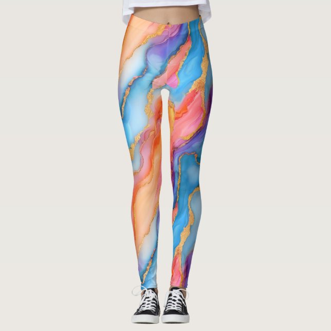 Leggings Dazzling Marble in Blues, Pinks, and Oranges (Devant)