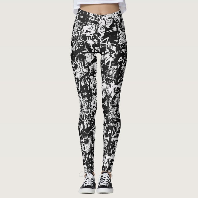 Leggings de graffiti en noir et blanc (Devant)