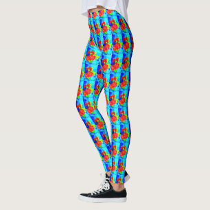 Leggings Décor design rose fleurs rouges et bleu vif