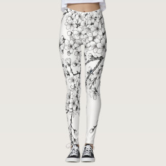 Leggings Délicat art en fleurs de cerises en monochrome