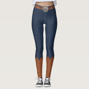 Leggings Denim Imprimer Légendes Faux Belt Et Cowboy Boots