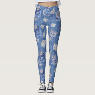 Leggings Denim Jean poches, chatons et dentelle
