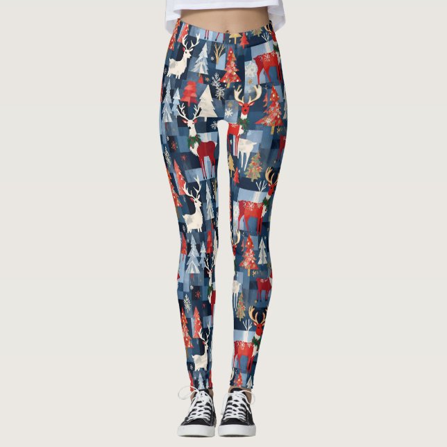 Leggings Denim Patchwork Plaid Arbres de Noël et rennes (Devant)