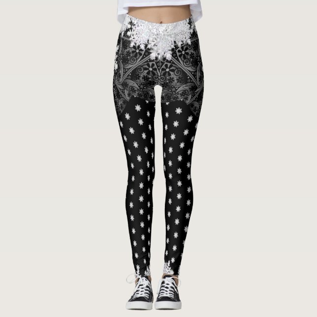 Leggings Dentelle en céramique noir & flocon de neige (Devant)
