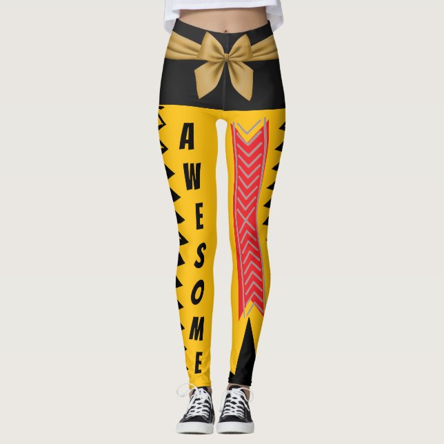 Leggings Design Abstrait en or jaune et noir gras (Devant)