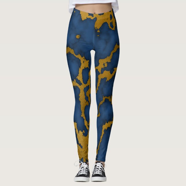 Leggings Design de texture en marbre bleu foncé et or (Devant)