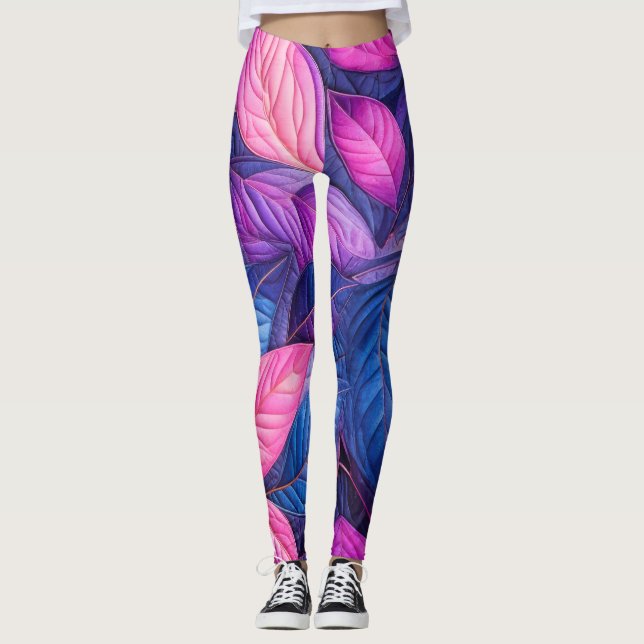 Leggings Design Feuille bleu pourpre courbé (Devant)
