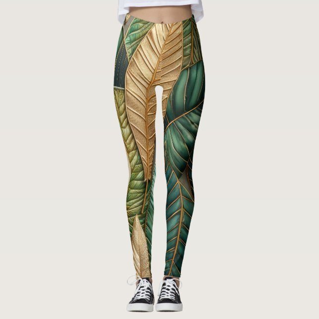 Leggings Design Feuille Tropical Vert Or Quilé (Devant)