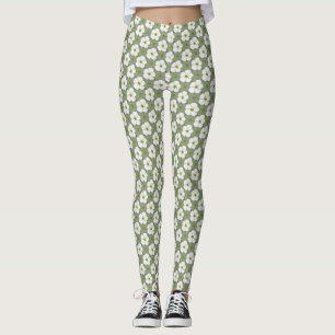 Leggings Design Khaki Fleurs Blanches Flore