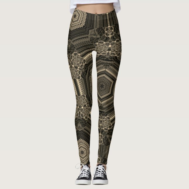 Leggings Dessin abstrait MODERNE en mosaïque brun-noir-or (Devant)