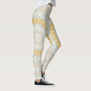 Leggings Dessin de motif mandala beige doré et bleu