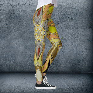 Leggings Dessin Mandala Fleur Jaune Gris et Rouge