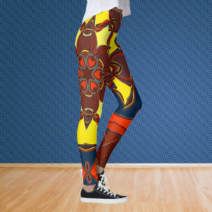 Leggings Dessin Mandala Fleur jaune orange et bleu