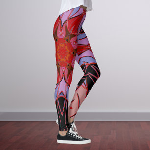 Leggings Dessin Mandala Fleur Rouge Bleu et Rose