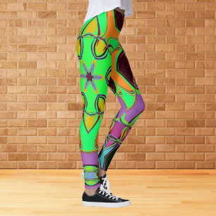Leggings Dessin Mandala Flower vert orange et violet