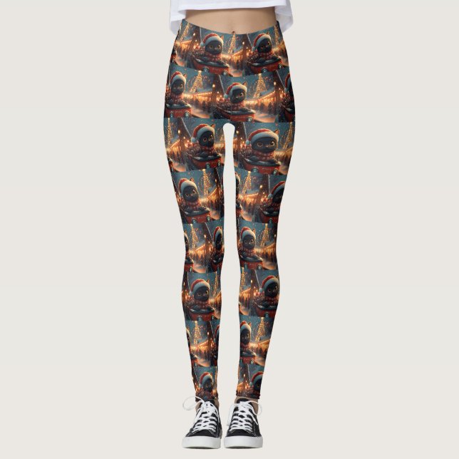 Leggings Dessous de verre noir à rouleaux de chat Noël (Devant)