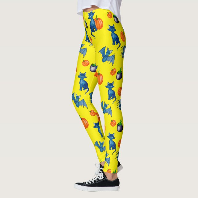 Leggings d'Halloween jaune - Chat noir et Citrouil (Gauche)