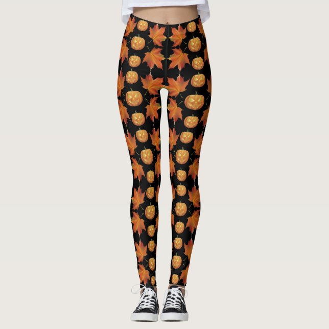 Leggings d'Halloween noir avec Citrouille et Feuil (Devant)