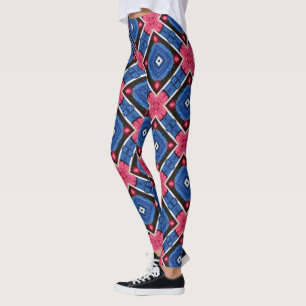 Leggings Diamant Bleu et Blanc et Cercles Rouges