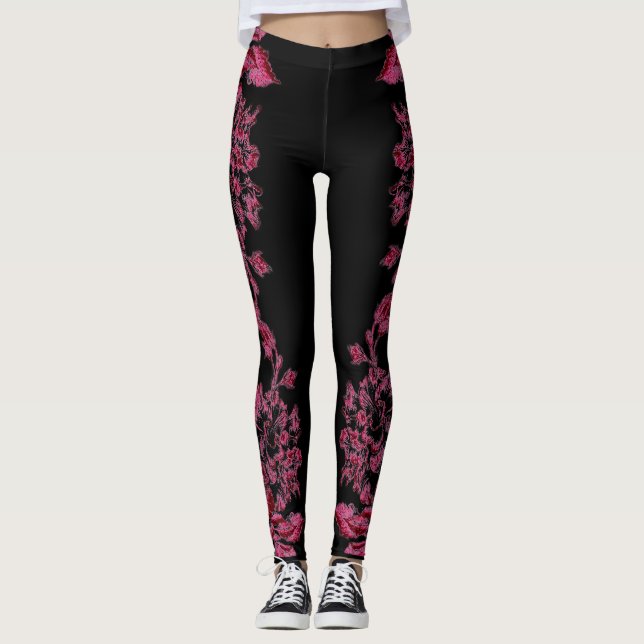 Leggings Double Hibiscus  Pink on Black  (Devant)