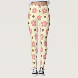Leggings Douce Florale Rose et Motif à Points Marron Rétro