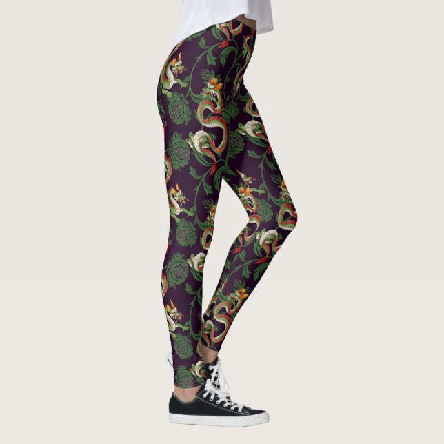 Leggings Dragon Vert Et Fleurs (Droite)