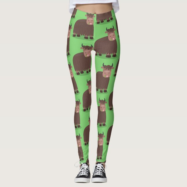 Leggings Drôle joyeux yak mangeant de l'herbe dessin d'illu (Devant)