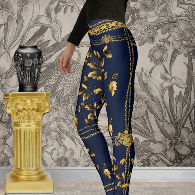 Leggings Duchess Gold Leaf Chain Lion Emblem Navy Blue (Créateur téléchargé)