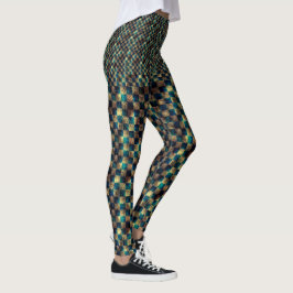 Leggings Échecs avec effet sale et rayé, bleu jaune