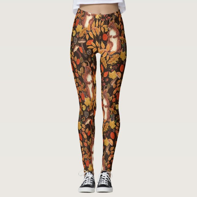 Leggings Écureuils automnaux et flore sur brun foncé (Devant)