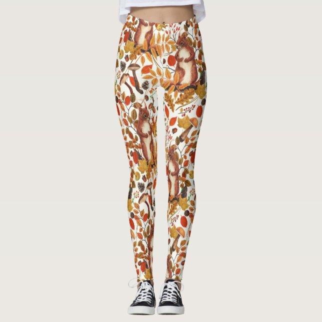 Leggings Écureuils d'automne et flore automnale sur le blan (Devant)